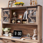 Rehausseur de bureau style campagnard avec portes coulissantes en verre et étagères ouvertes – 107 cm H