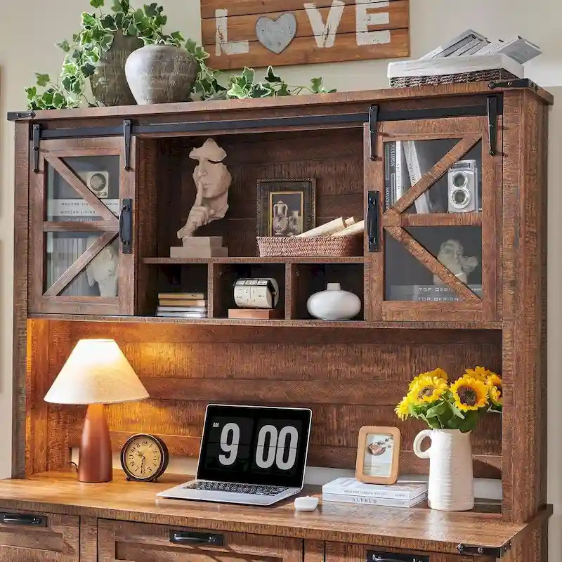 Rehausseur de bureau style campagnard avec portes coulissantes en verre et étagères ouvertes – 107 cm H