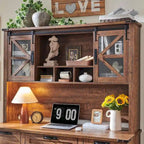 Rehausseur de bureau style campagnard avec portes coulissantes en verre et étagères ouvertes – 107 cm H
