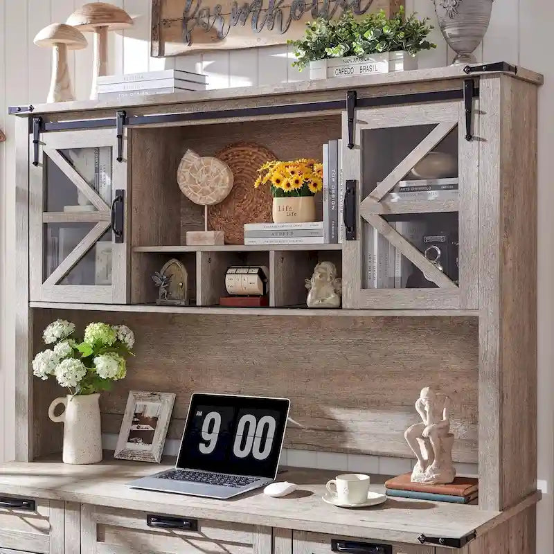 Rehausseur de bureau style campagnard avec portes coulissantes en verre et étagères ouvertes – 107 cm H