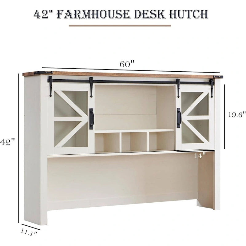Rehausseur de bureau style campagnard avec portes coulissantes en verre et étagères ouvertes – 107 cm H