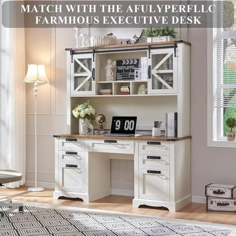 Rehausseur de bureau style campagnard avec portes coulissantes en verre et étagères ouvertes – 107 cm H