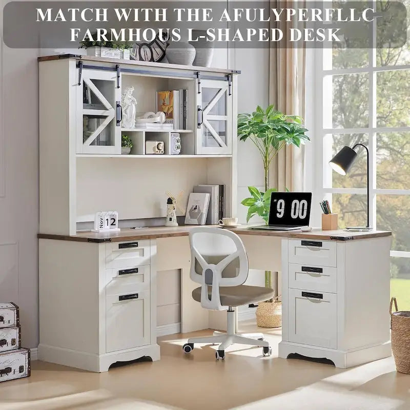 Rehausseur de bureau style campagnard avec portes coulissantes en verre et étagères ouvertes – 107 cm H