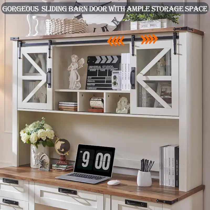Rehausseur de bureau style campagnard avec portes coulissantes en verre et étagères ouvertes – 107 cm H