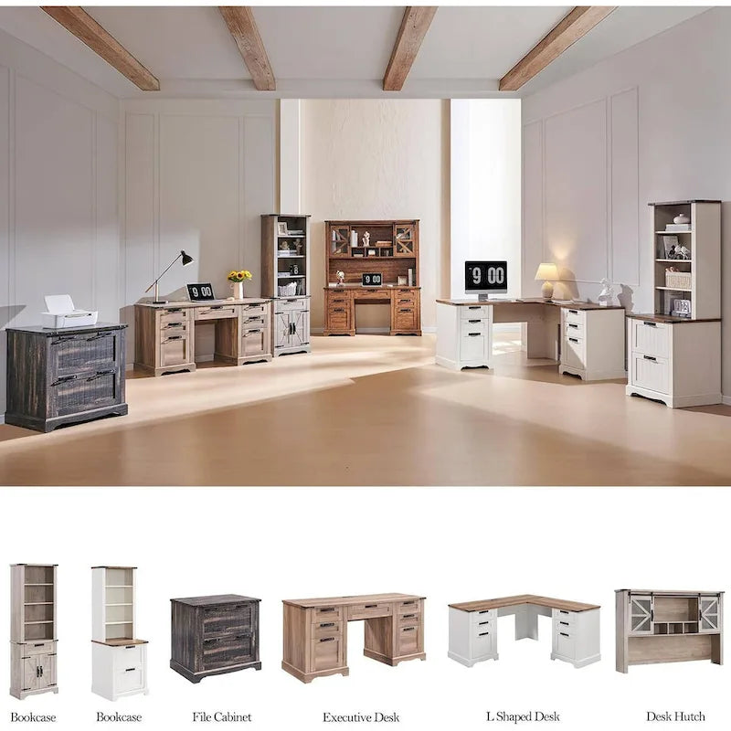 Rehausseur de bureau style campagnard avec portes coulissantes en verre et étagères ouvertes – 107 cm H