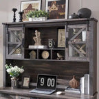 Rehausseur de bureau style campagnard avec portes coulissantes en verre et étagères ouvertes – 107 cm H