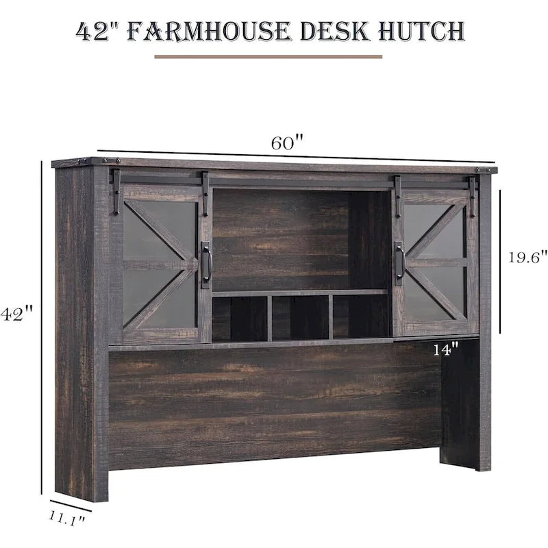 Rehausseur de bureau style campagnard avec portes coulissantes en verre et étagères ouvertes – 107 cm H