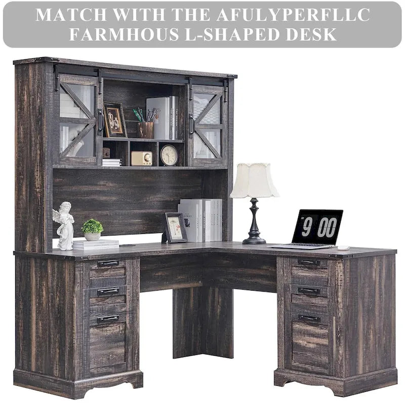 Rehausseur de bureau style campagnard avec portes coulissantes en verre et étagères ouvertes – 107 cm H
