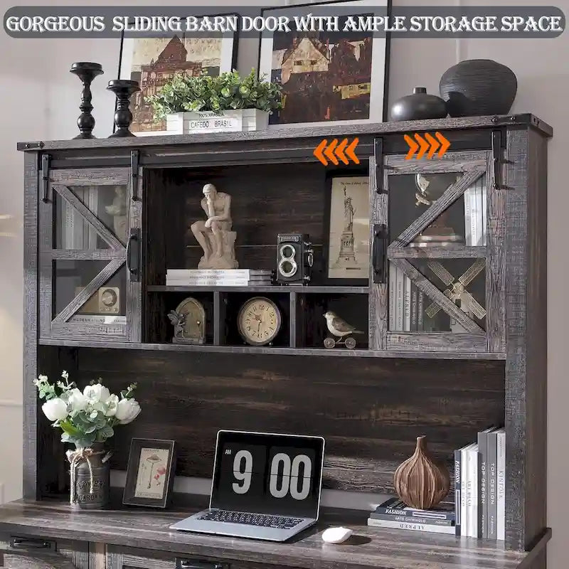 Rehausseur de bureau style campagnard avec portes coulissantes en verre et étagères ouvertes – 107 cm H