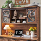 Rehausseur de bureau style campagnard avec portes coulissantes en verre et étagères ouvertes – 107 cm H