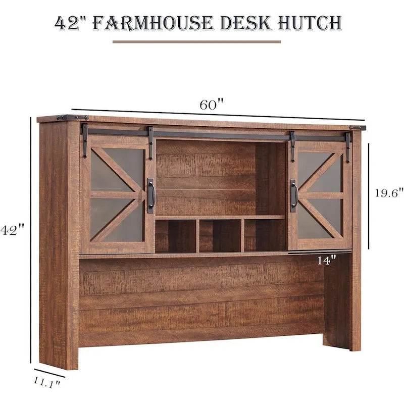 Rehausseur de bureau style campagnard avec portes coulissantes en verre et étagères ouvertes – 107 cm H