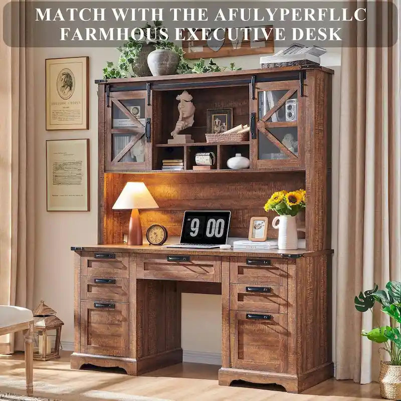 Rehausseur de bureau style campagnard avec portes coulissantes en verre et étagères ouvertes – 107 cm H