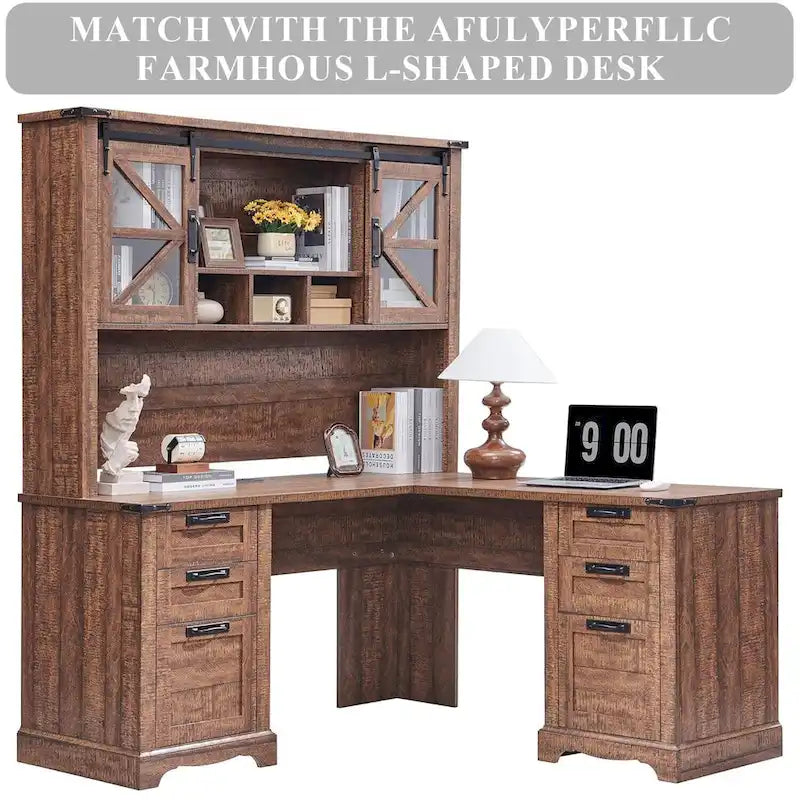 Rehausseur de bureau style campagnard avec portes coulissantes en verre et étagères ouvertes – 107 cm H