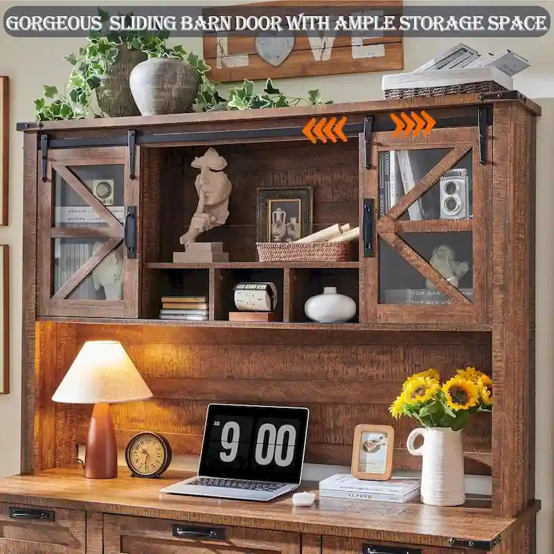 Rehausseur de bureau style campagnard avec portes coulissantes en verre et étagères ouvertes – 107 cm H
