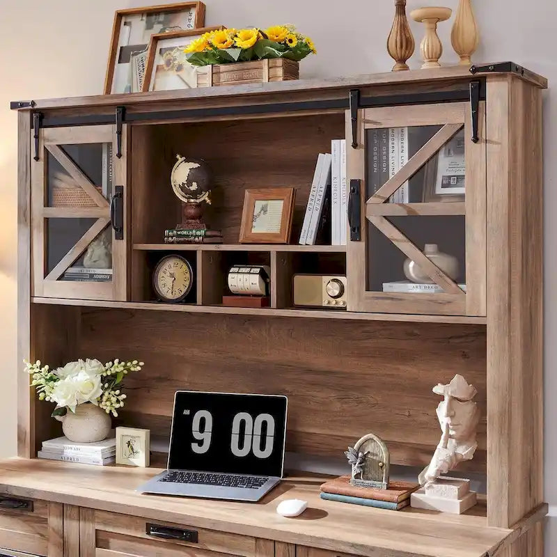 Rehausseur de bureau style campagnard avec portes coulissantes en verre et étagères ouvertes – 107 cm H