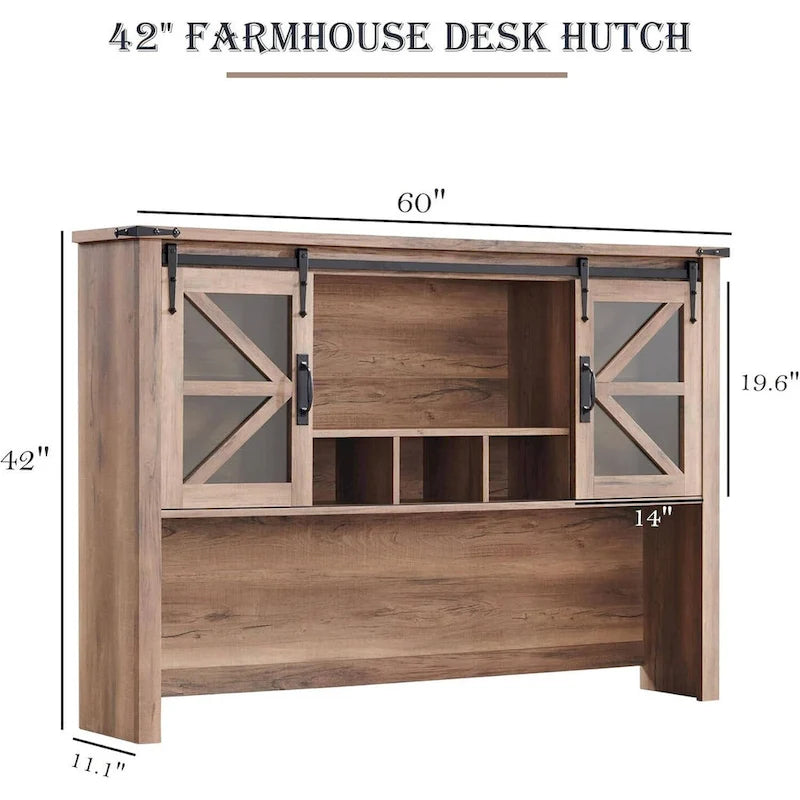 Rehausseur de bureau style campagnard avec portes coulissantes en verre et étagères ouvertes – 107 cm H