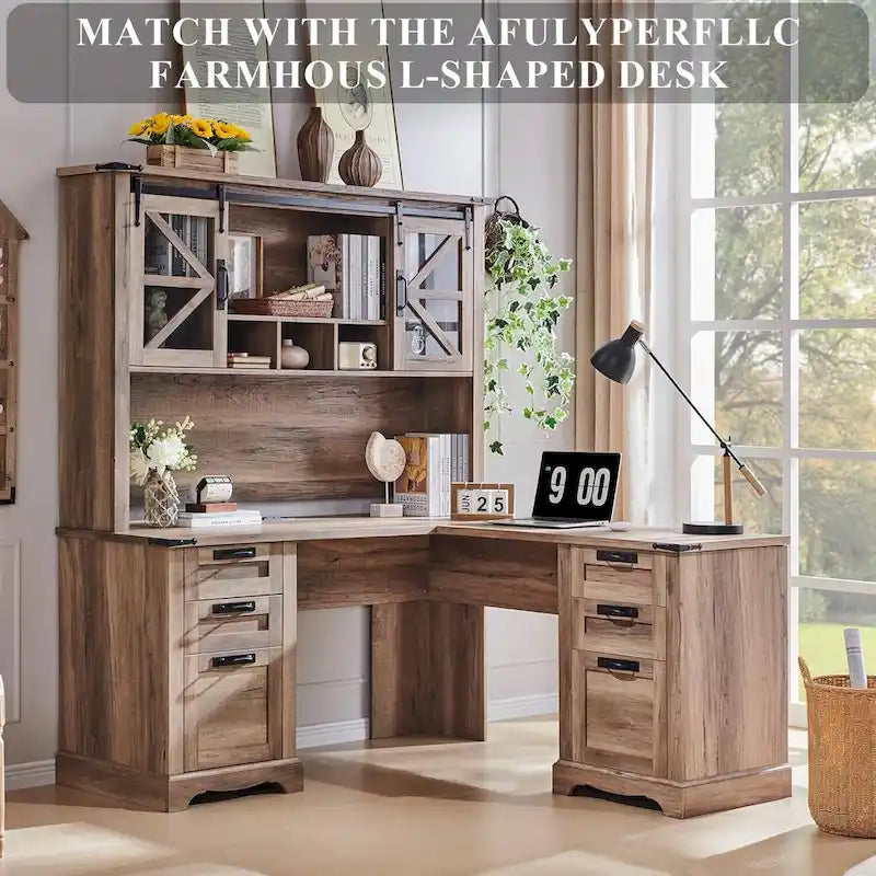 Rehausseur de bureau style campagnard avec portes coulissantes en verre et étagères ouvertes – 107 cm H