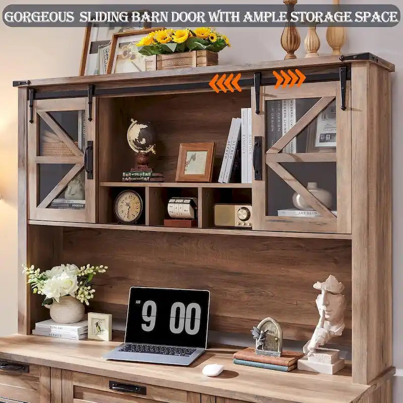 Rehausseur de bureau style campagnard avec portes coulissantes en verre et étagères ouvertes – 107 cm H