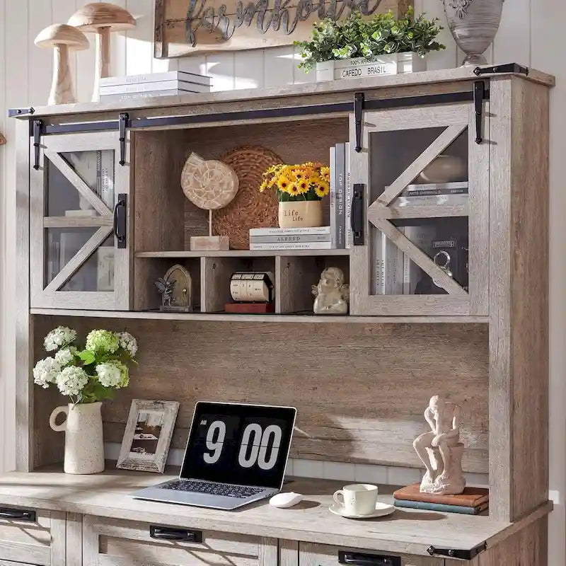 Rehausseur de bureau style campagnard avec portes coulissantes en verre et étagères ouvertes – 107 cm H