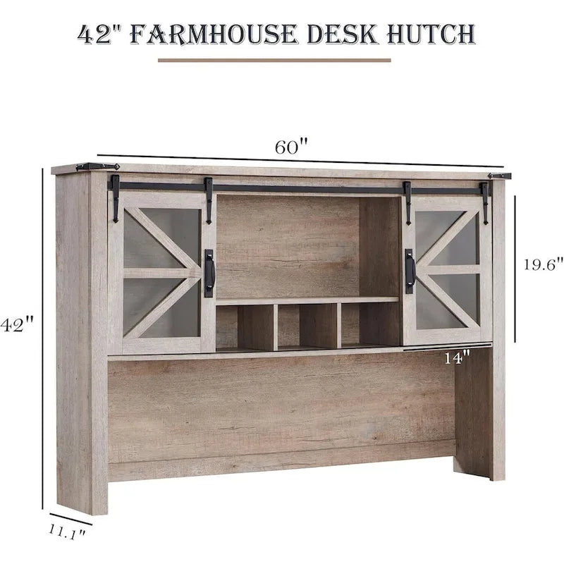 Rehausseur de bureau style campagnard avec portes coulissantes en verre et étagères ouvertes – 107 cm H