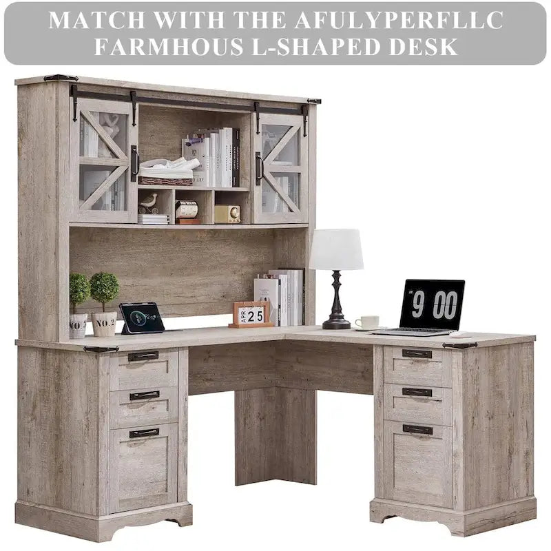Rehausseur de bureau style campagnard avec portes coulissantes en verre et étagères ouvertes – 107 cm H