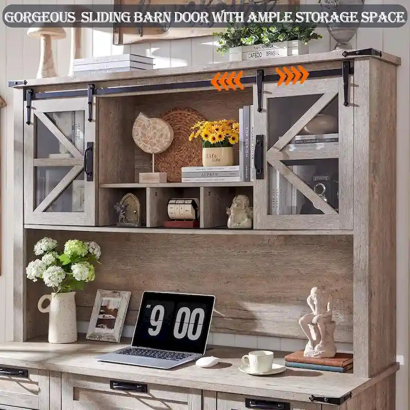 Rehausseur de bureau style campagnard avec portes coulissantes en verre et étagères ouvertes – 107 cm H