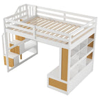 Lit mezzanine blanc complet avec bureau, étagères et escalier de rangement – Couchage simple