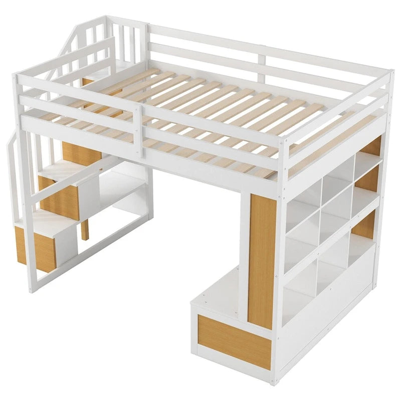 Lit mezzanine blanc complet avec bureau, étagères et escalier de rangement – Couchage simple