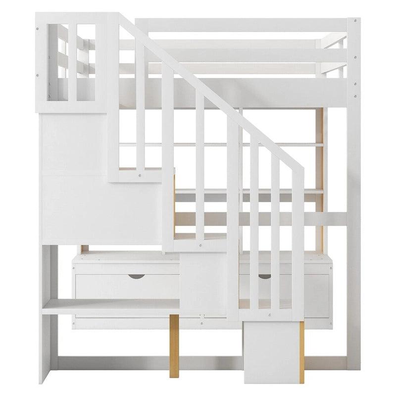 Lit mezzanine blanc complet avec bureau, étagères et escalier de rangement – Couchage simple