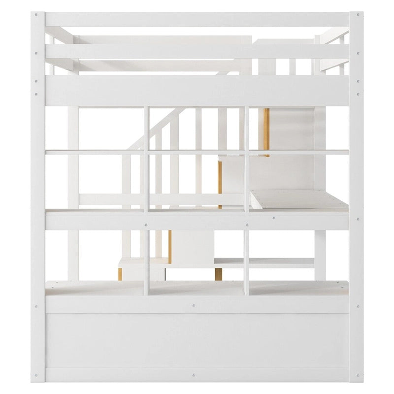 Lit mezzanine blanc complet avec bureau, étagères et escalier de rangement – Couchage simple