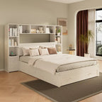 Pine Wood Platform Bed with 2 All-in-one Nightstand, Bookcase Cabinet and 2 Charging Stations, 3 Drawers, Captain Bed Frame