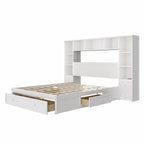 Lit plateforme capitaine en pin blanc avec 2 tables de chevet, bibliothèque, armoires et 2 stations de recharge – Grand lit / Très grand lit