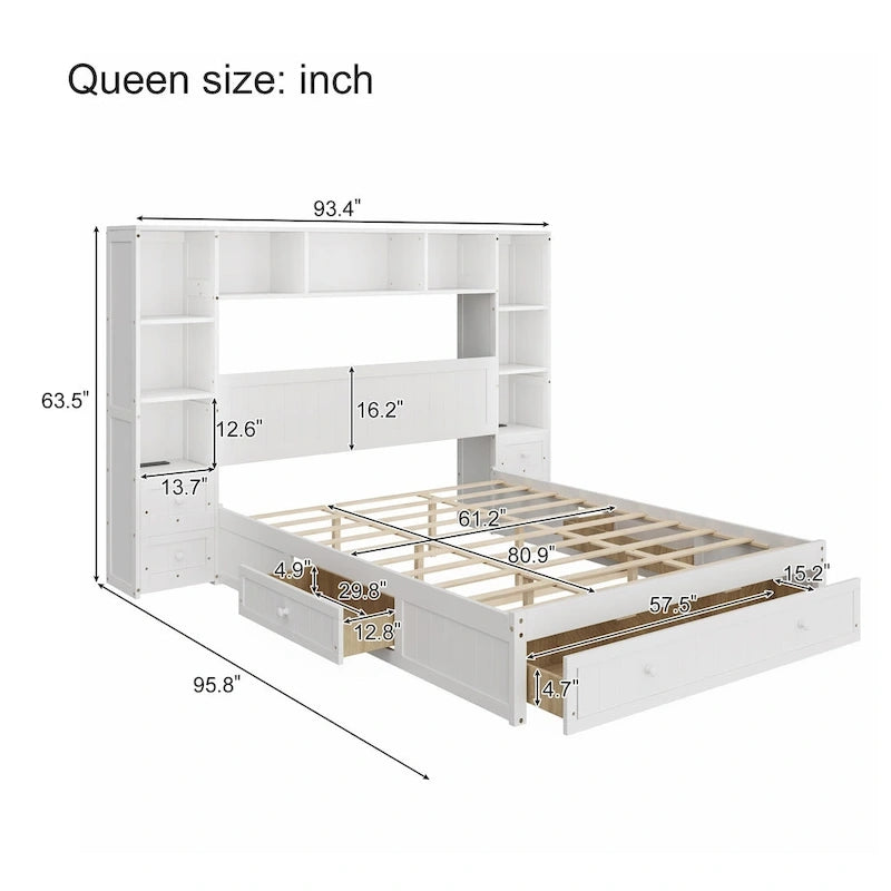 Lit plateforme capitaine en pin blanc avec 2 tables de chevet, bibliothèque, armoires et 2 stations de recharge – Grand lit / Très grand lit