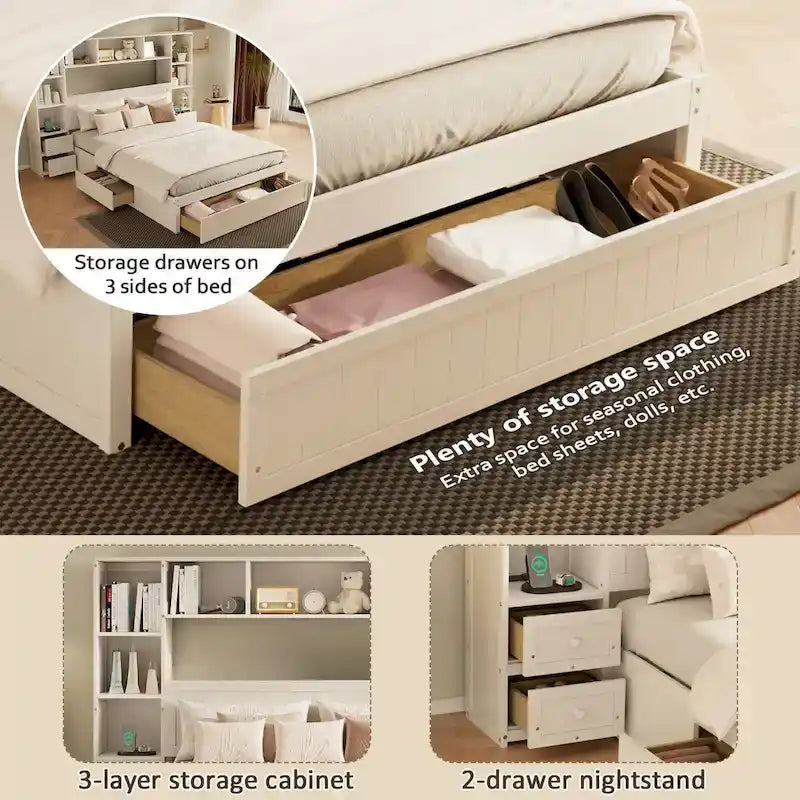 Lit plateforme capitaine en pin blanc avec 2 tables de chevet, bibliothèque, armoires et 2 stations de recharge – Grand lit / Très grand lit