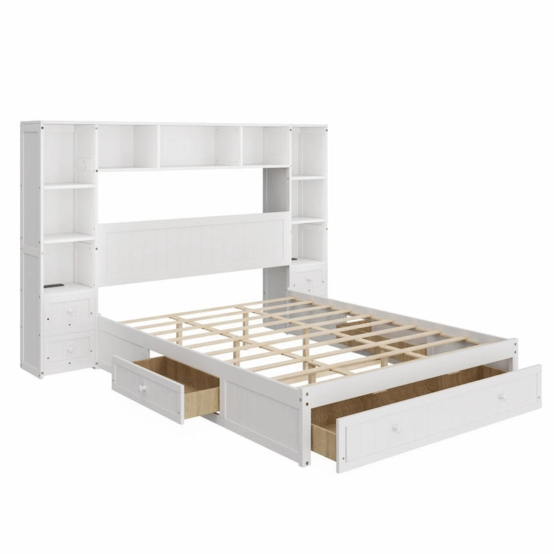 Lit plateforme capitaine en pin blanc avec 2 tables de chevet, bibliothèque, armoires et 2 stations de recharge – Grand lit / Très grand lit