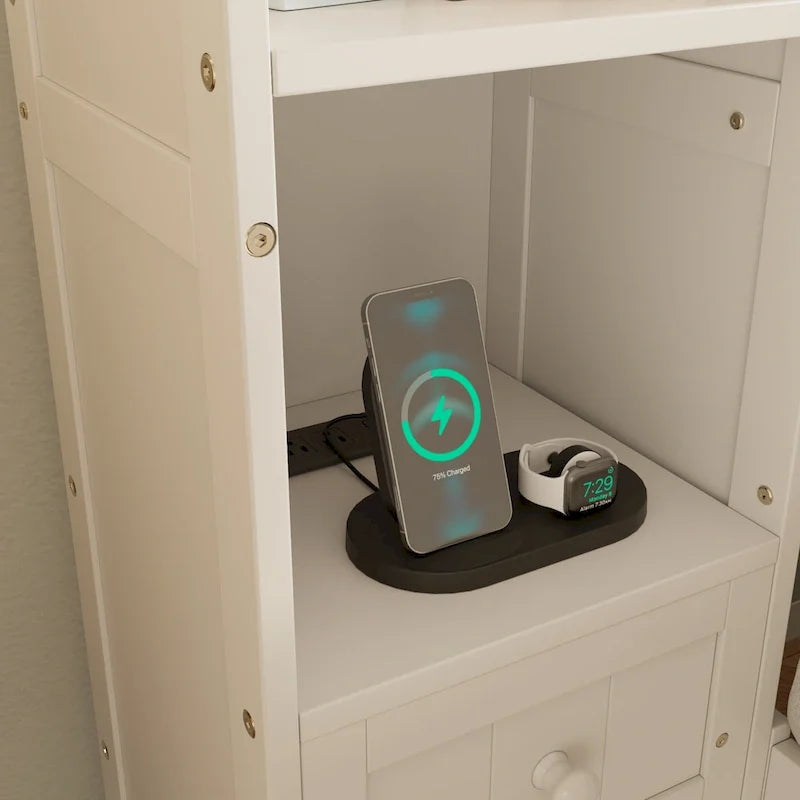 Lit plateforme capitaine en pin blanc avec 2 tables de chevet, bibliothèque, armoires et 2 stations de recharge – Grand lit / Très grand lit