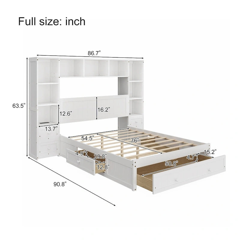 Lit plateforme capitaine en pin blanc avec 2 tables de chevet, bibliothèque, armoires et 2 stations de recharge – Grand lit / Très grand lit
