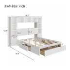 Lit plateforme capitaine en pin blanc avec 2 tables de chevet, bibliothèque, armoires et 2 stations de recharge – Grand lit / Très grand lit