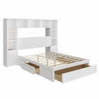 Lit plateforme capitaine en pin blanc avec 2 tables de chevet, bibliothèque, armoires et 2 stations de recharge – Grand lit / Très grand lit