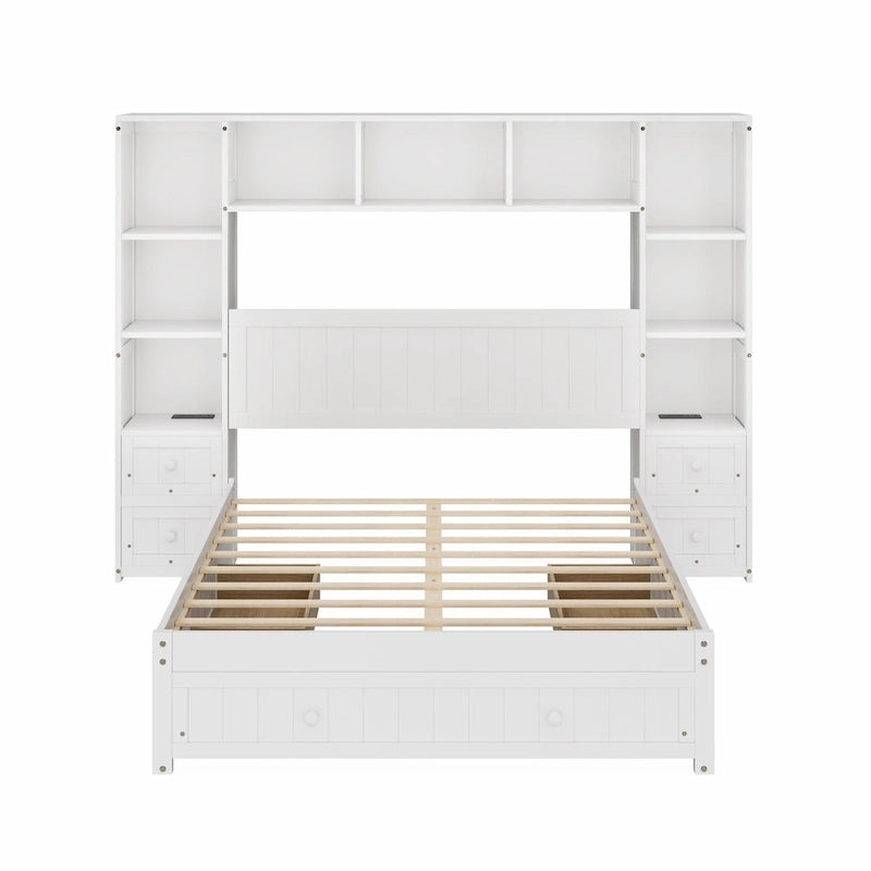Lit plateforme capitaine en pin blanc avec 2 tables de chevet, bibliothèque, armoires et 2 stations de recharge – Grand lit / Très grand lit