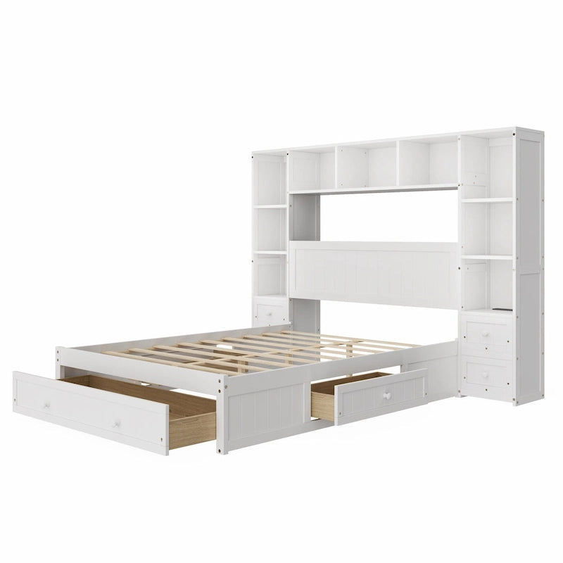 Lit plateforme capitaine en pin blanc avec 2 tables de chevet, bibliothèque, armoires et 2 stations de recharge – Grand lit / Très grand lit