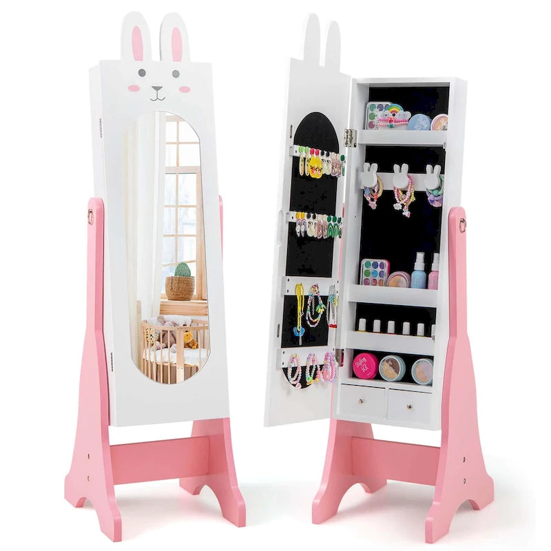 Meuble à Bijoux pour Enfants en MDF Blanc/Rose sur Pied avec Miroir Intégral et Détail Lapin – Simple