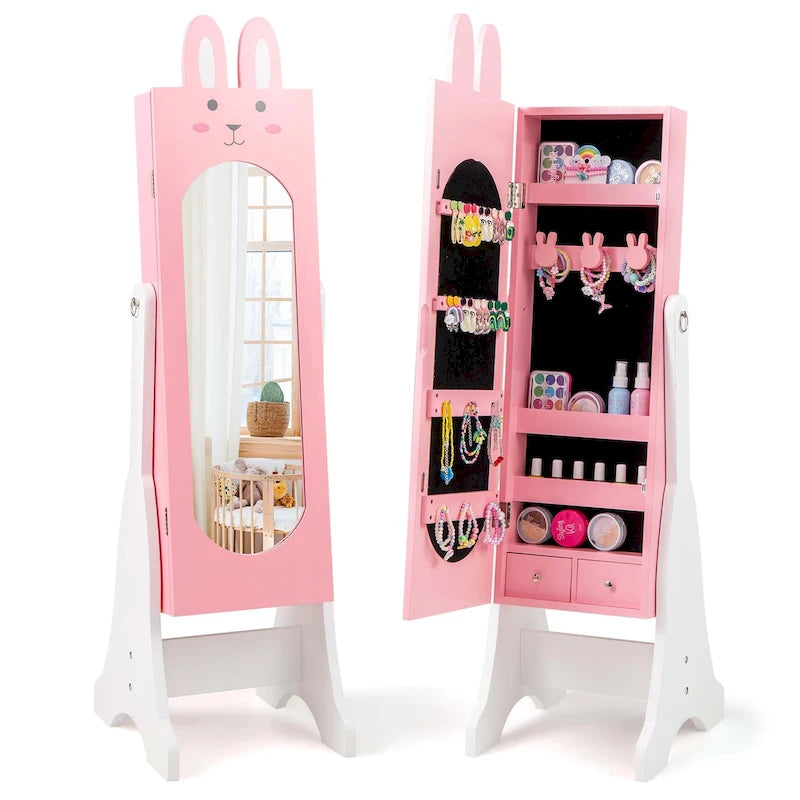 Meuble à Bijoux pour Enfants en MDF Blanc/Rose sur Pied avec Miroir Intégral et Détail Lapin – Simple