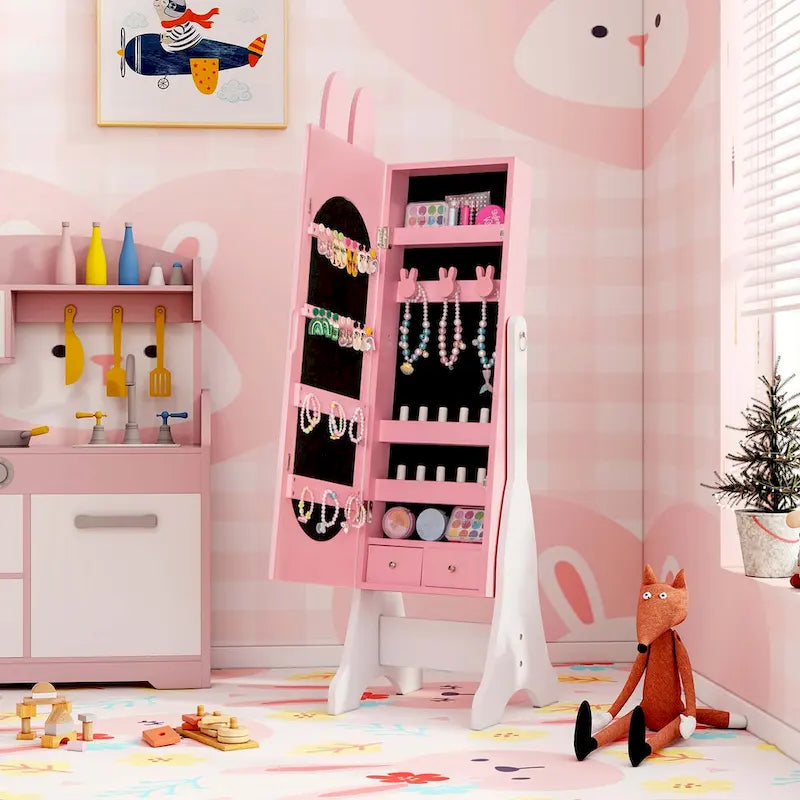 Meuble à Bijoux pour Enfants en MDF Blanc/Rose sur Pied avec Miroir Intégral et Détail Lapin – Simple
