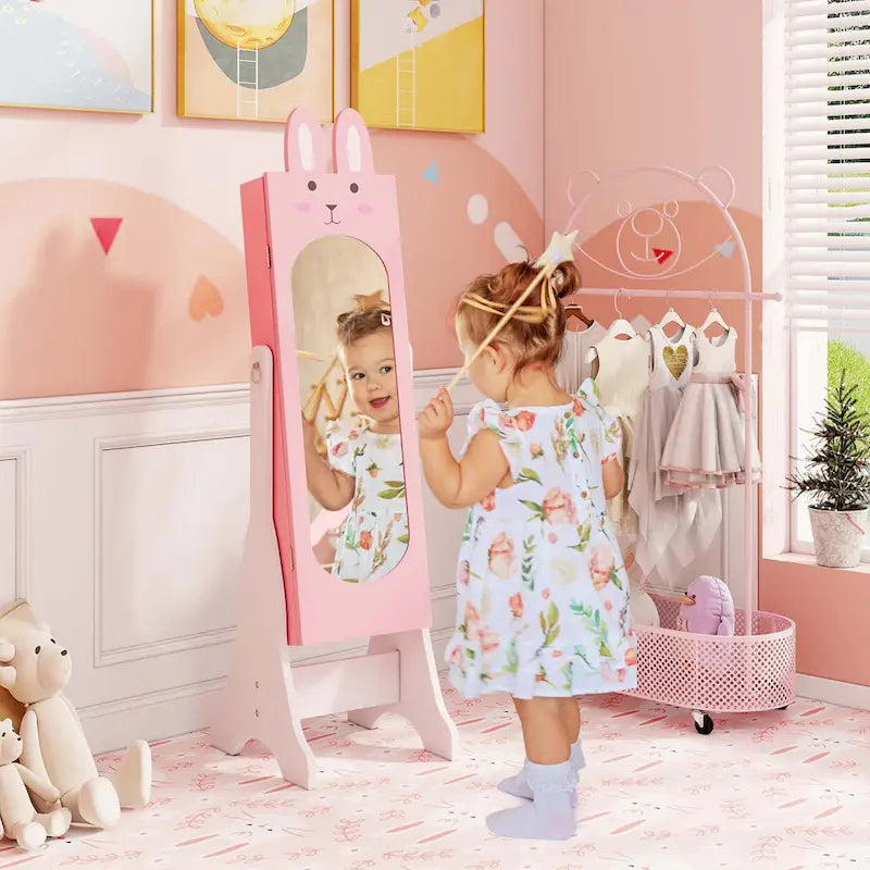 Meuble à Bijoux pour Enfants en MDF Blanc/Rose sur Pied avec Miroir Intégral et Détail Lapin – Simple
