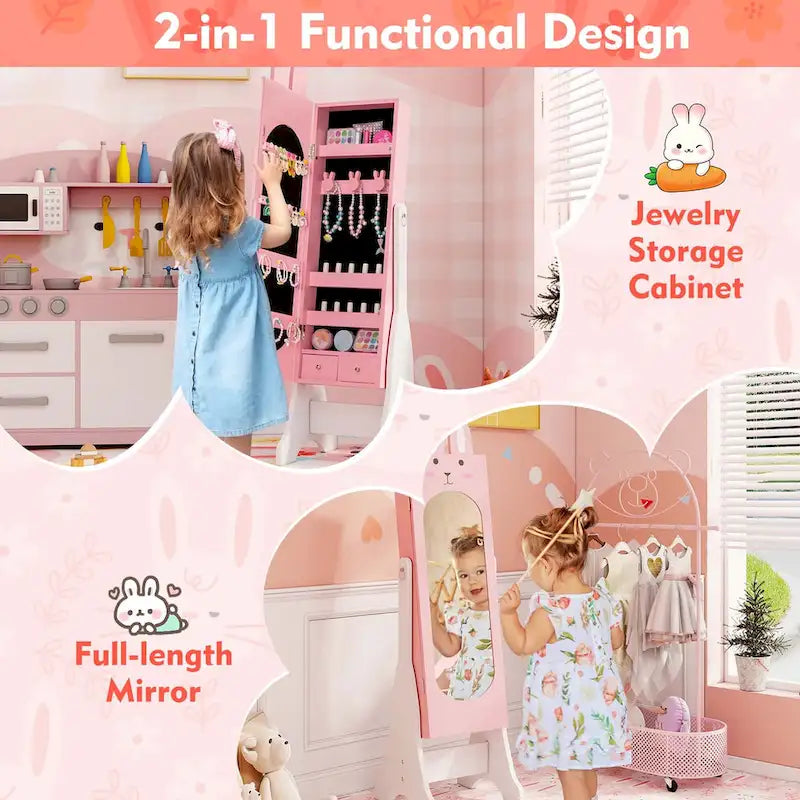 Meuble à Bijoux pour Enfants en MDF Blanc/Rose sur Pied avec Miroir Intégral et Détail Lapin – Simple
