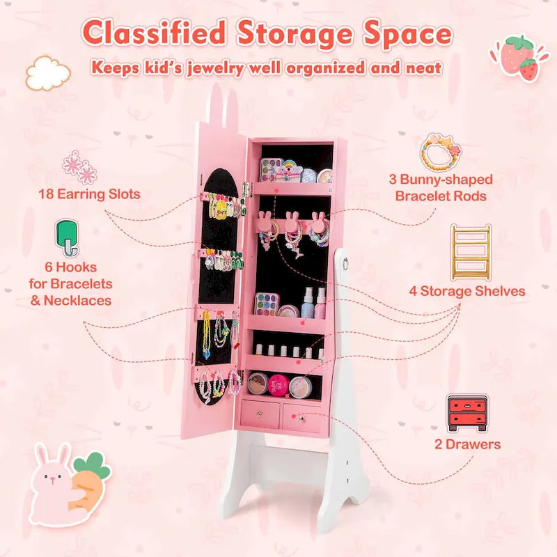 Meuble à Bijoux pour Enfants en MDF Blanc/Rose sur Pied avec Miroir Intégral et Détail Lapin – Simple