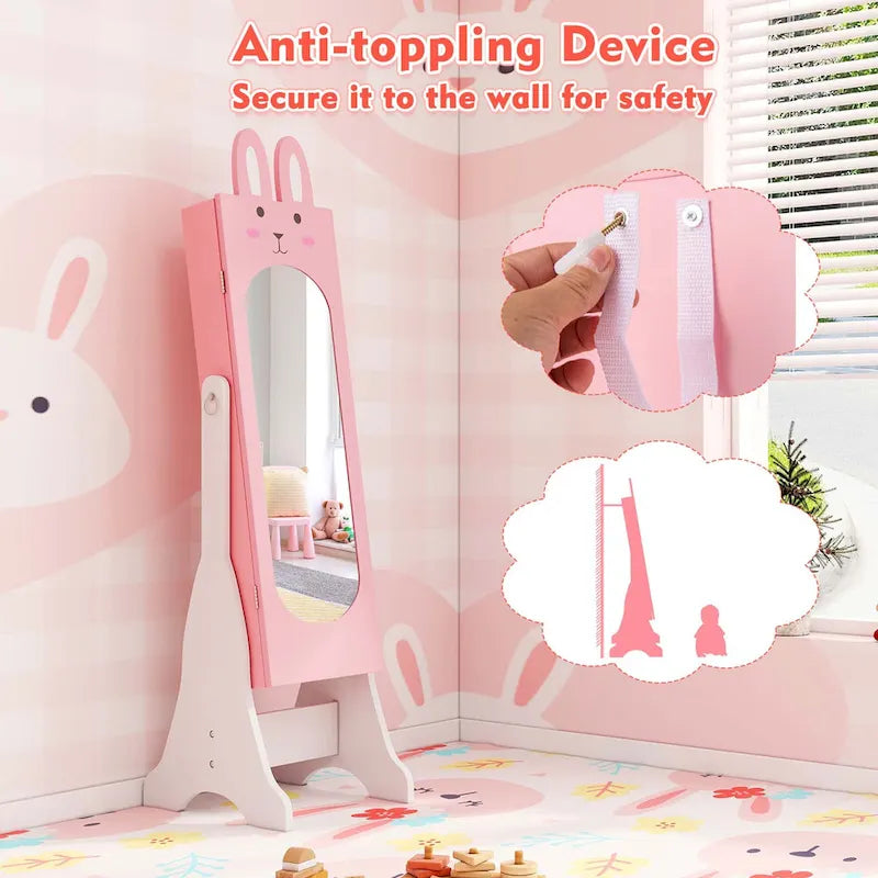 Meuble à Bijoux pour Enfants en MDF Blanc/Rose sur Pied avec Miroir Intégral et Détail Lapin – Simple