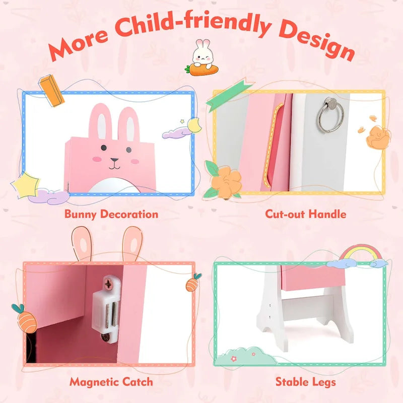 Meuble à Bijoux pour Enfants en MDF Blanc/Rose sur Pied avec Miroir Intégral et Détail Lapin – Simple