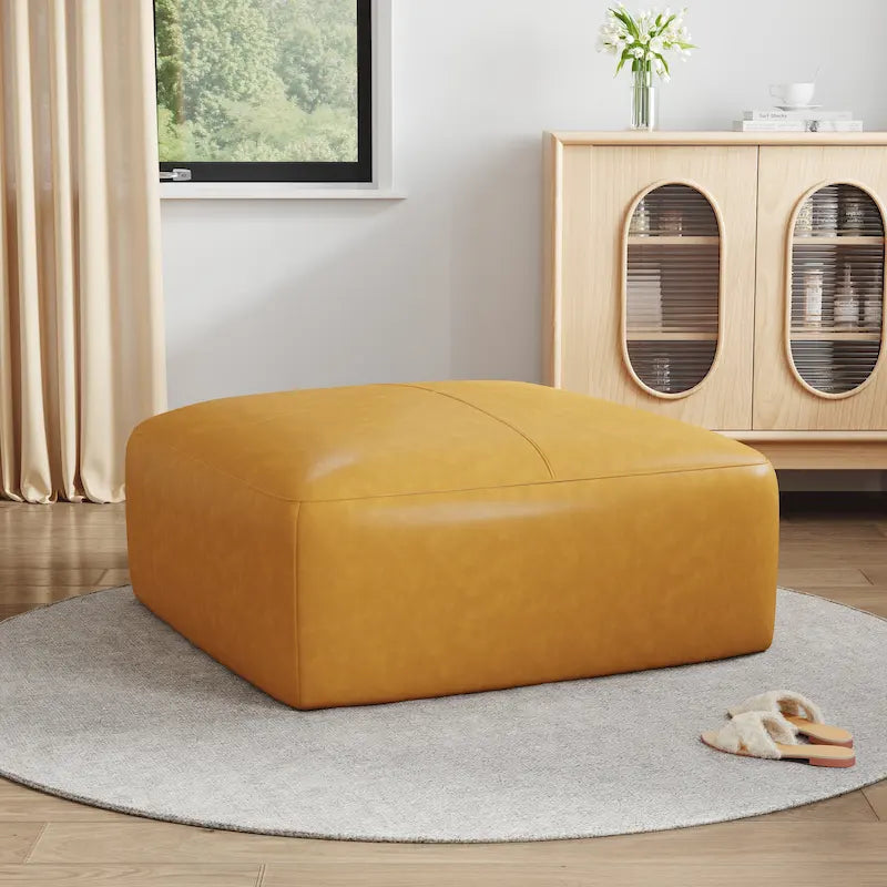 Pouf carré en cuir véritable marron/bleu avec cadre en bois massif – Simple
